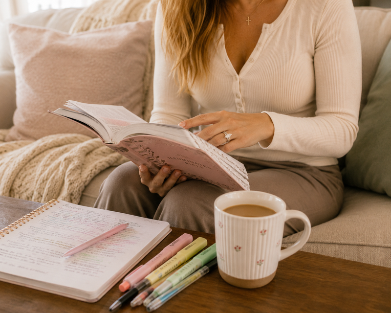 Bible study with coffee and highlighters