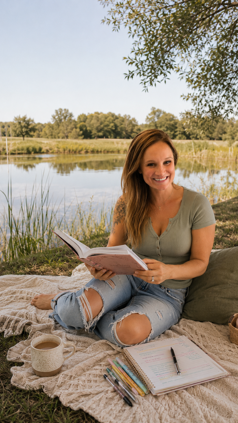 Tori Gass reading by the pond at Lost Sheep Farm